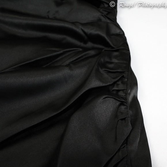 Black Satin Wrap Rhinestone Ruched Bodycon Dress - Picture 6 of 9